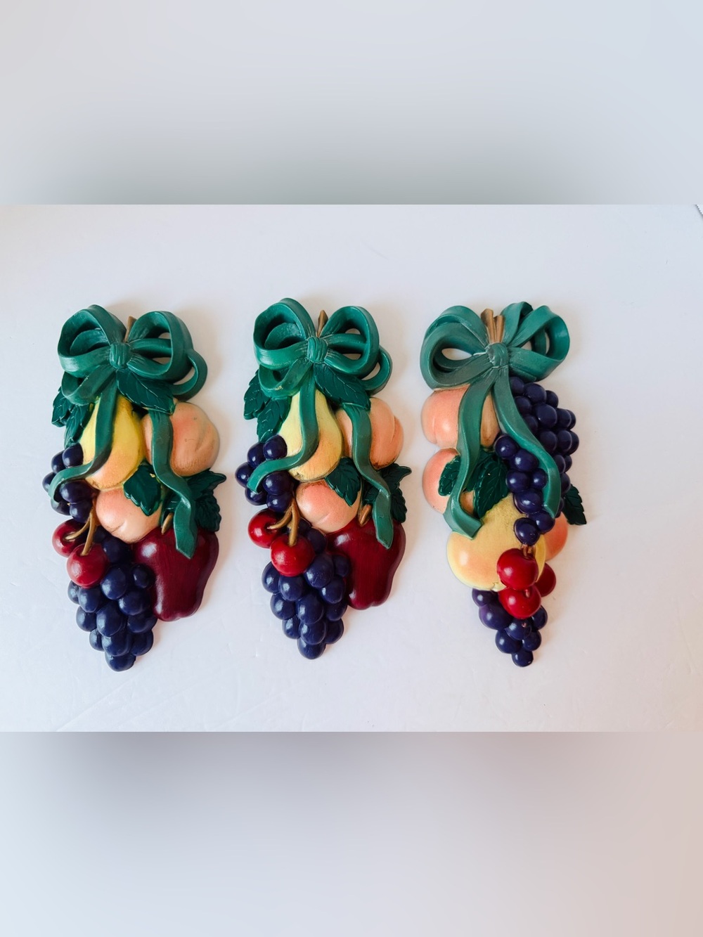Vintage Home Interiors Burwood Product Green Bow Fruit Wall Plaques - Set of 3